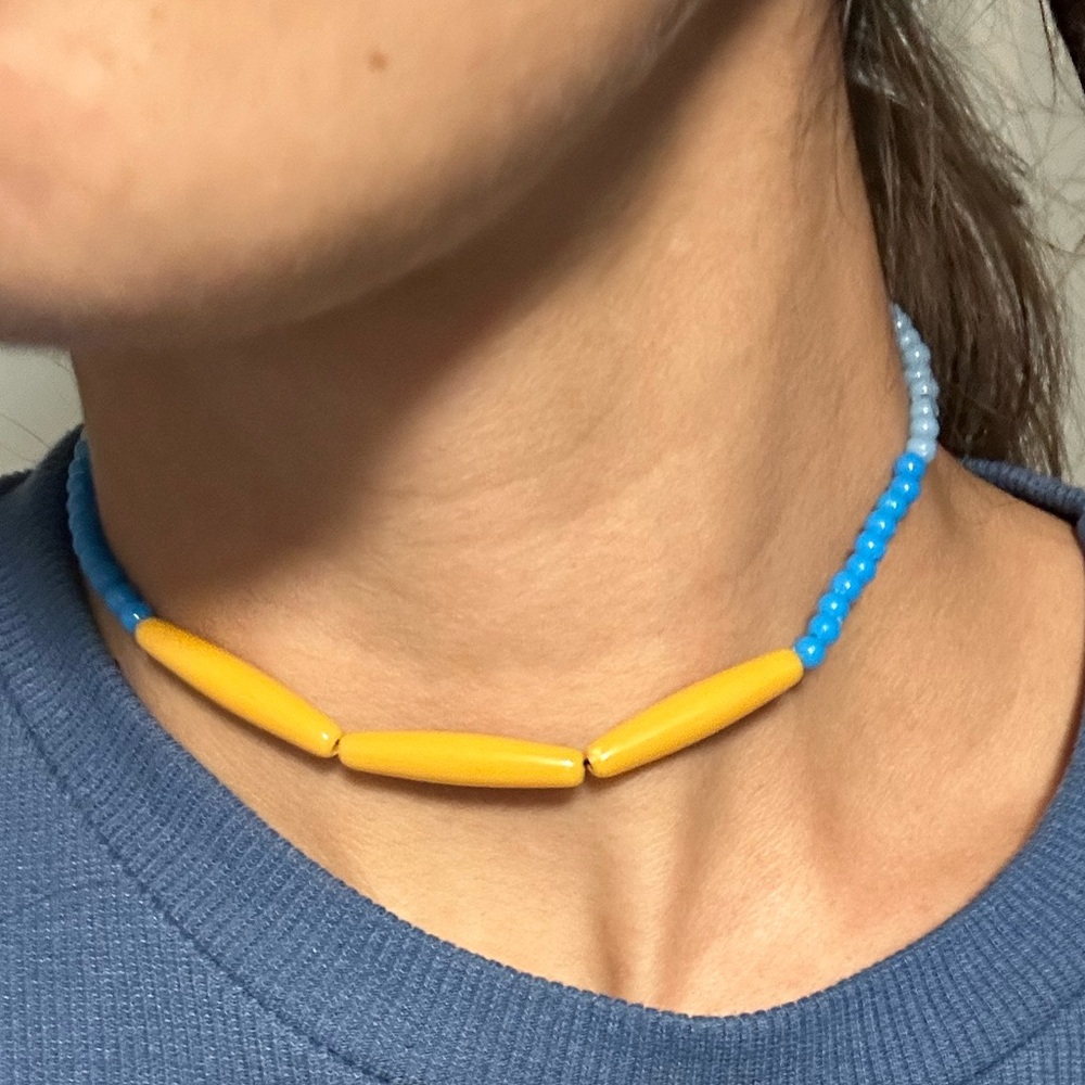 HANDMADE UNIQUE Yellow and Blue Beaded Necklace